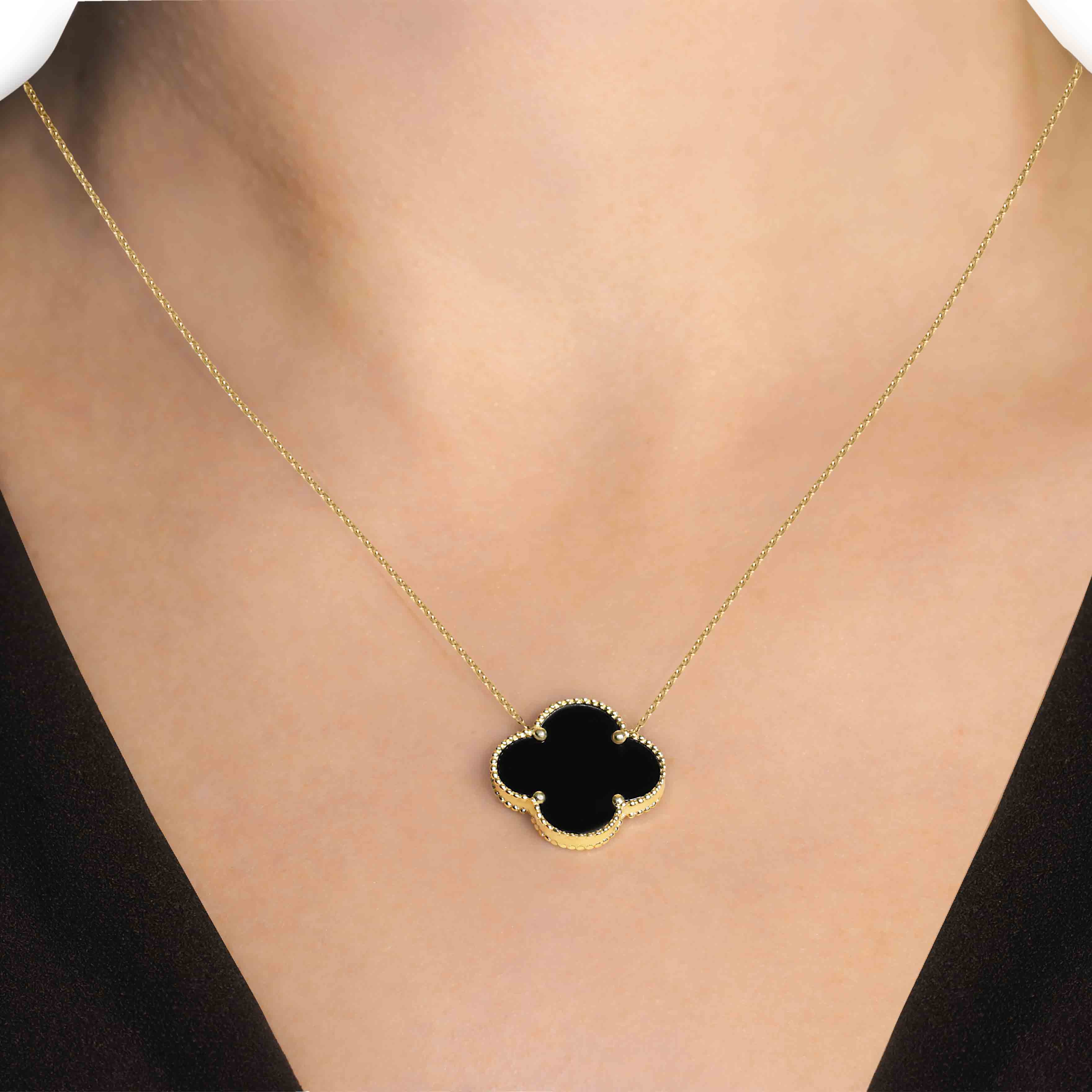 14k Yellow Gold Black Onyx Clover Necklace