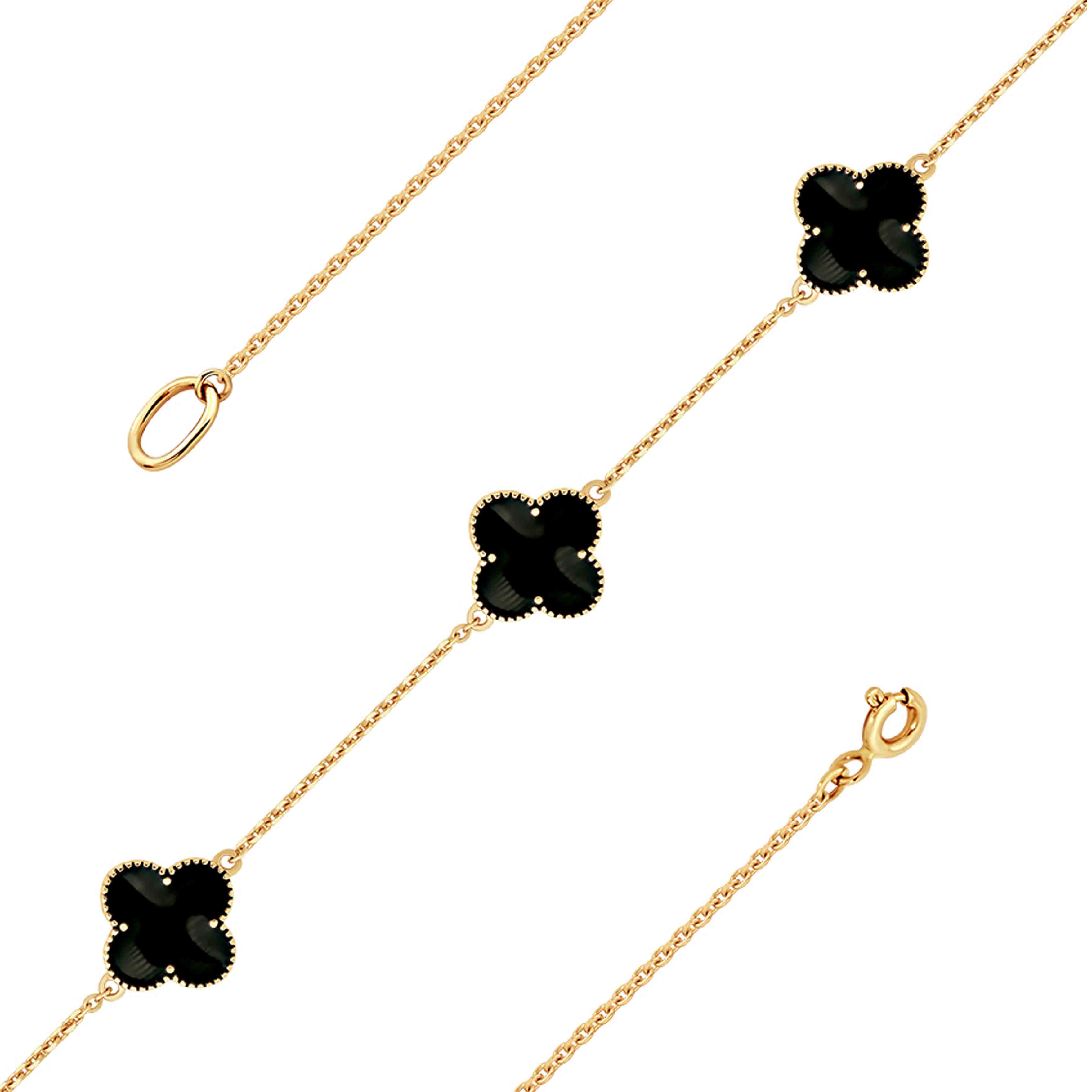 Yellow Gold Black Onyx Four Leaf Clover Bracelet | Thenetjeweler