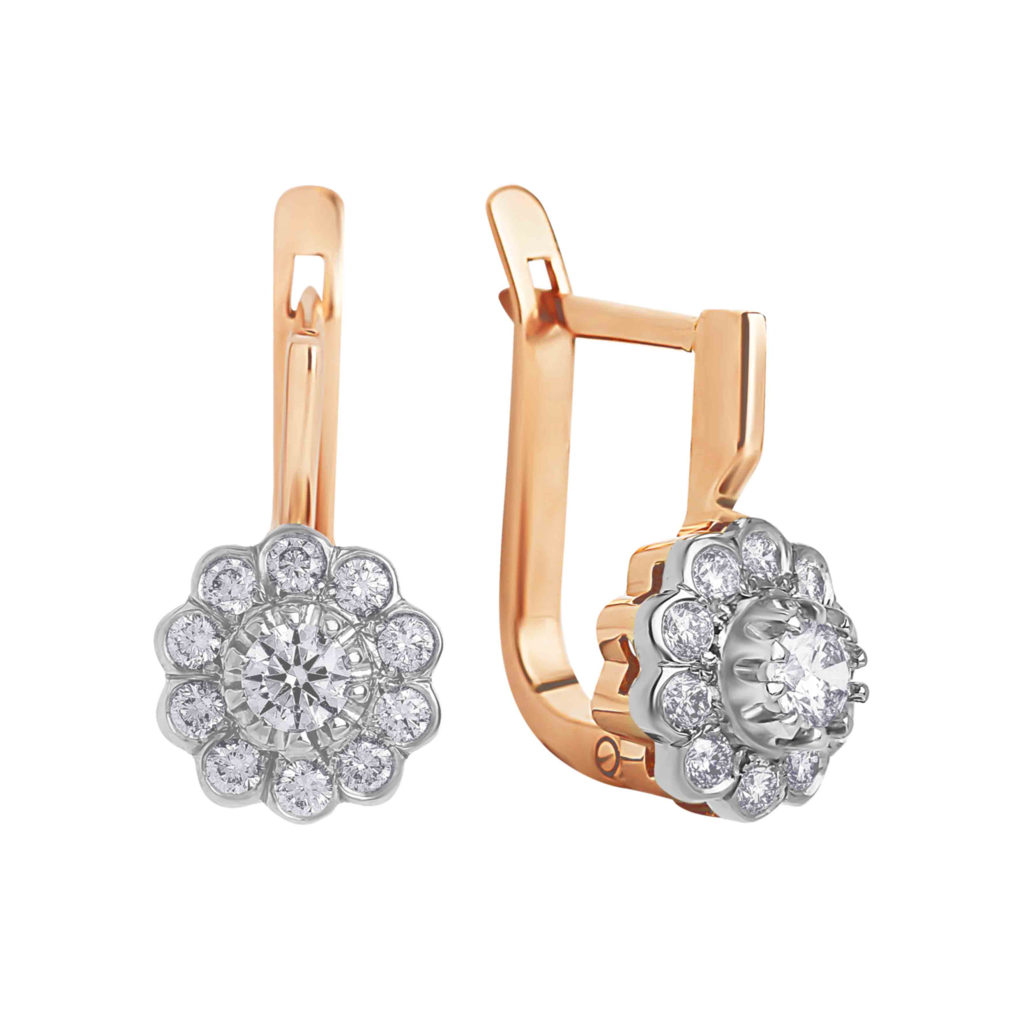 Diamond Leverback Earrings. Certified 585 (14kt) Rose Gold, Rhodium Detailing. Solitaire Diamond Leverback Earrings
