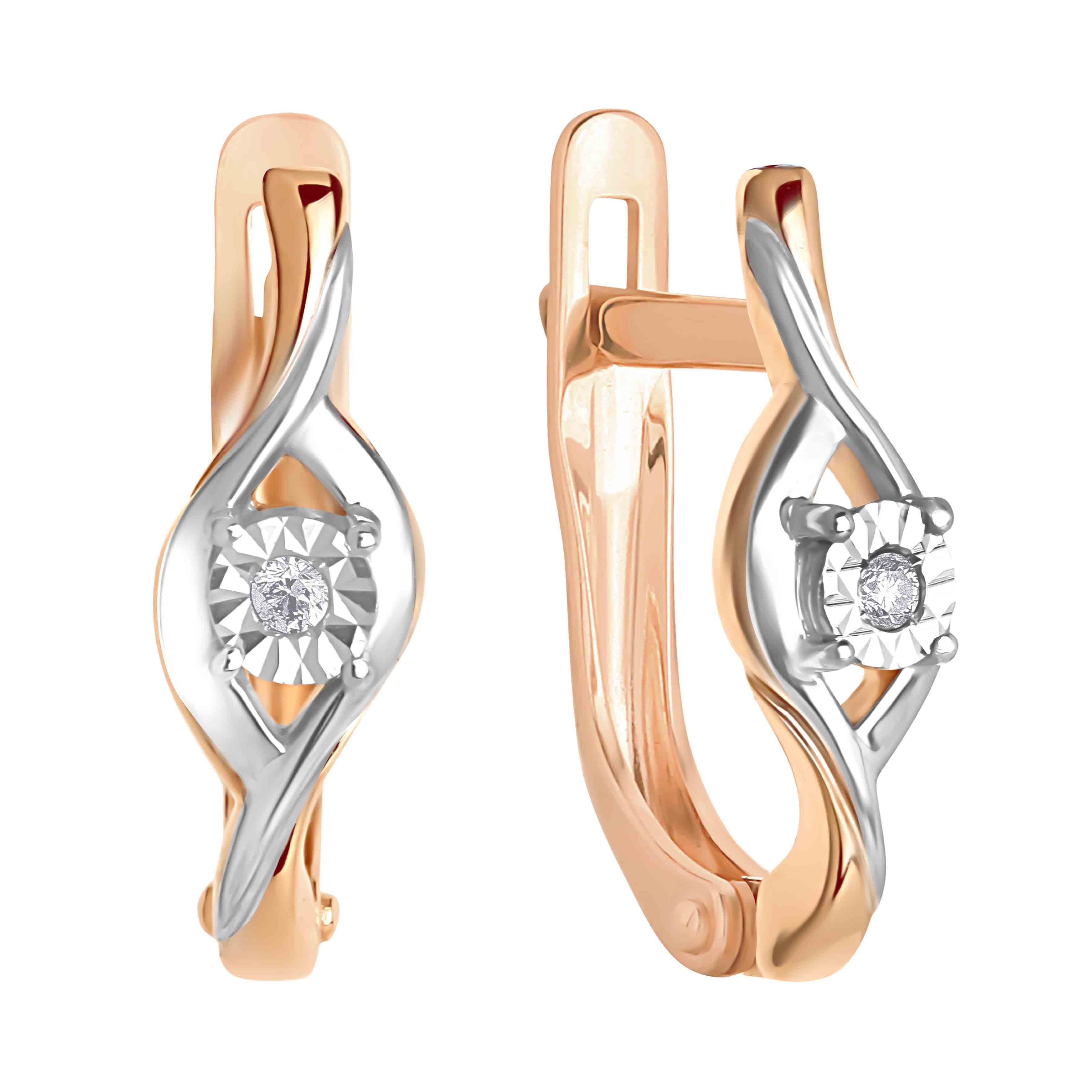 Diamond Leverback Earrings. Certified 585 (14kt) Rose Gold, Rhodium Detailing. Solitaire Diamond Leverback Earrings