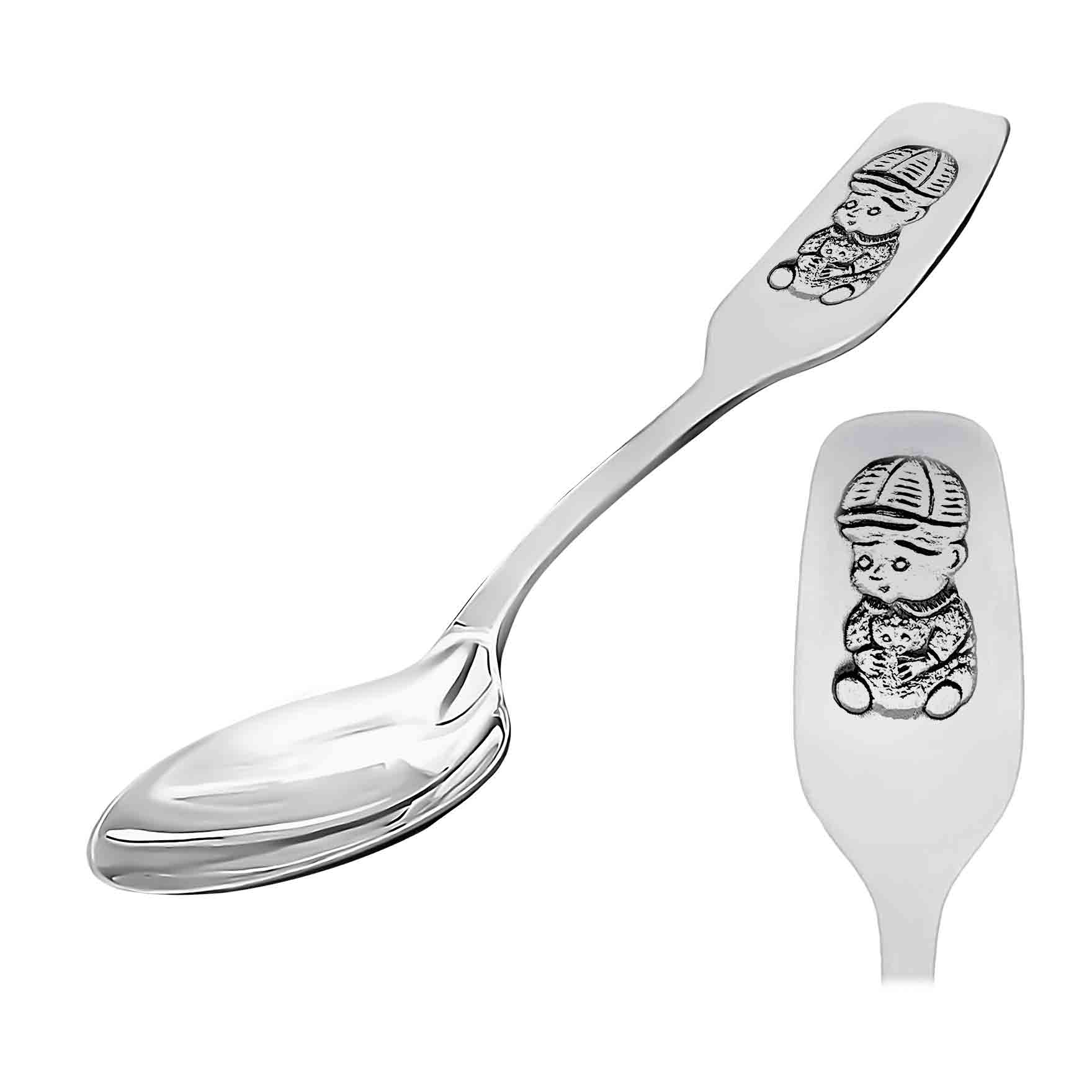 Kids' Silver Tableware. Antimicrobial Blackened 925/999 Silver. Child  Silver Spoon with Embossed Baby Girl