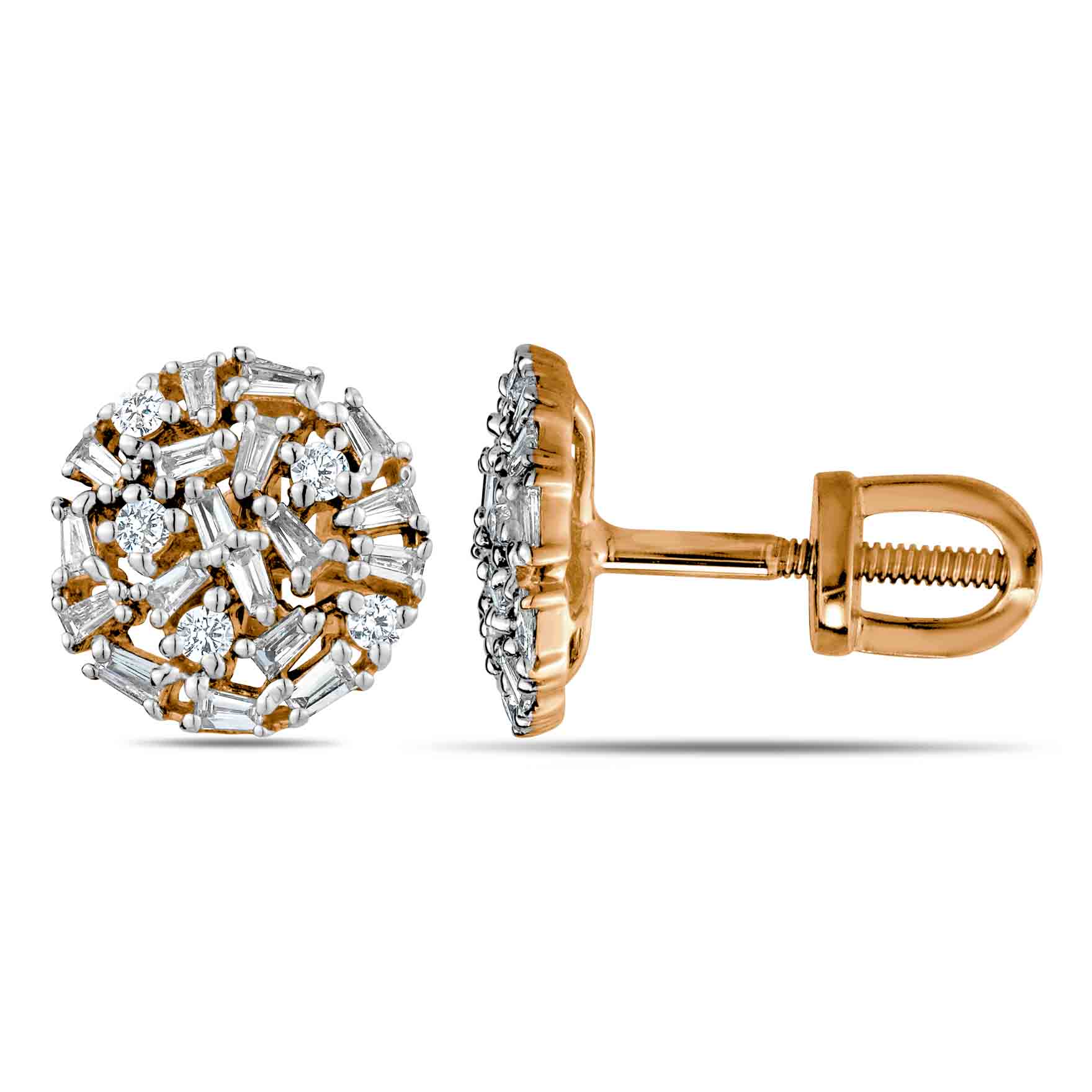 Tapered Baguette and Round Diamond Stud Earrings. Hypoallergenic